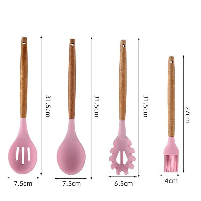 12-Piece: Wood Handle Silicone Kitchenware