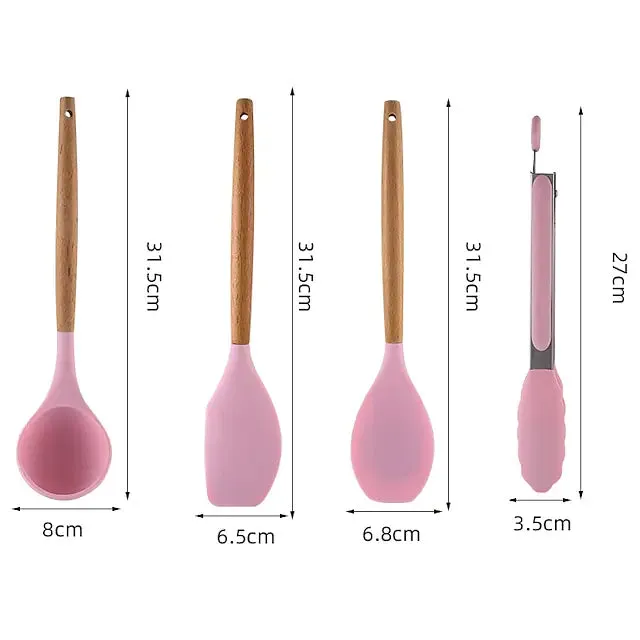 12-Piece: Wood Handle Silicone Kitchenware