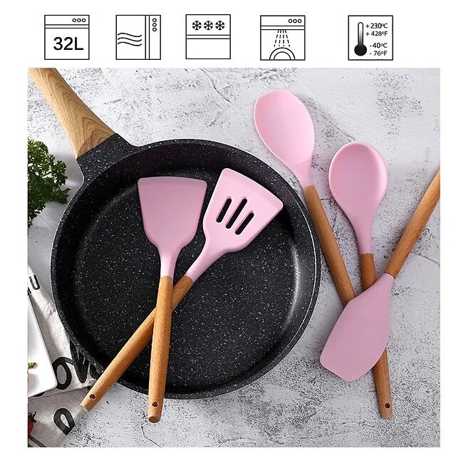 12-Piece: Wood Handle Silicone Kitchenware