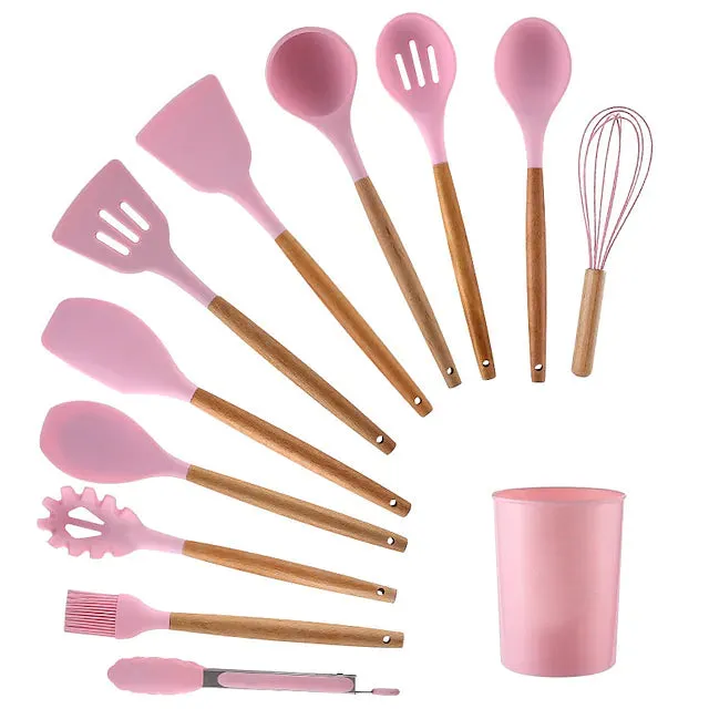 12-Piece: Wood Handle Silicone Kitchenware