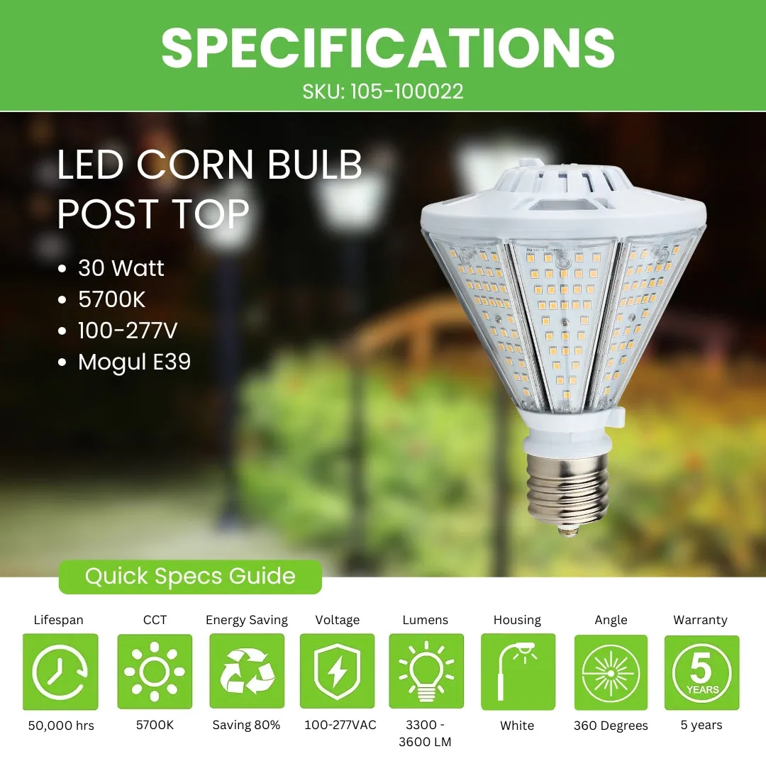 30W LED Corn Bulb Post Top - Bottom Socket - Mogul Base (E39) - (UL)