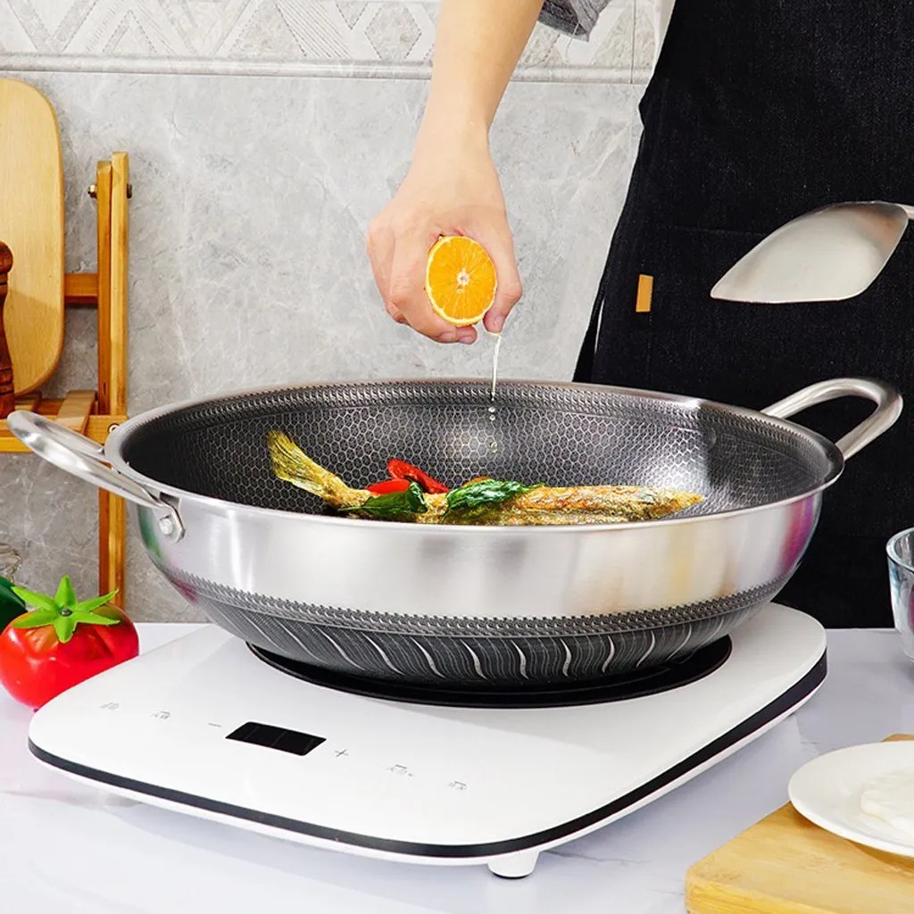 316 Stainless Steel 36cm Non-Stick Stir Fry Cooking Kitchen Wok Pan Honeycomb Double Sided