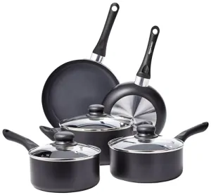 Amazon Basics 8-Piece Non-Stick Cookware Set| 2-Way 3 Layer Non-Stick Coating | PFOA Free | High Temperature Resistant Exterior Coating, Black,Aluminium