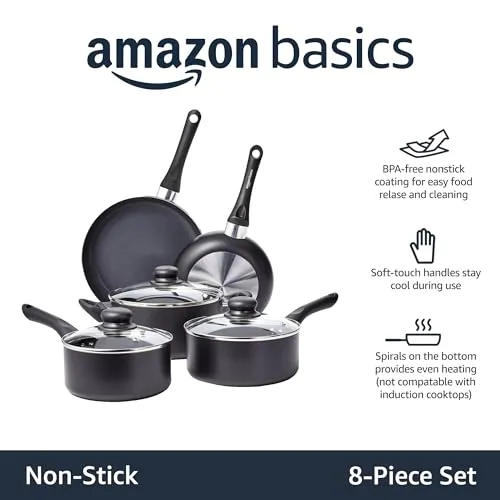 Amazon Basics 8-Piece Non-Stick Cookware Set| 2-Way 3 Layer Non-Stick Coating | PFOA Free | High Temperature Resistant Exterior Coating, Black,Aluminium