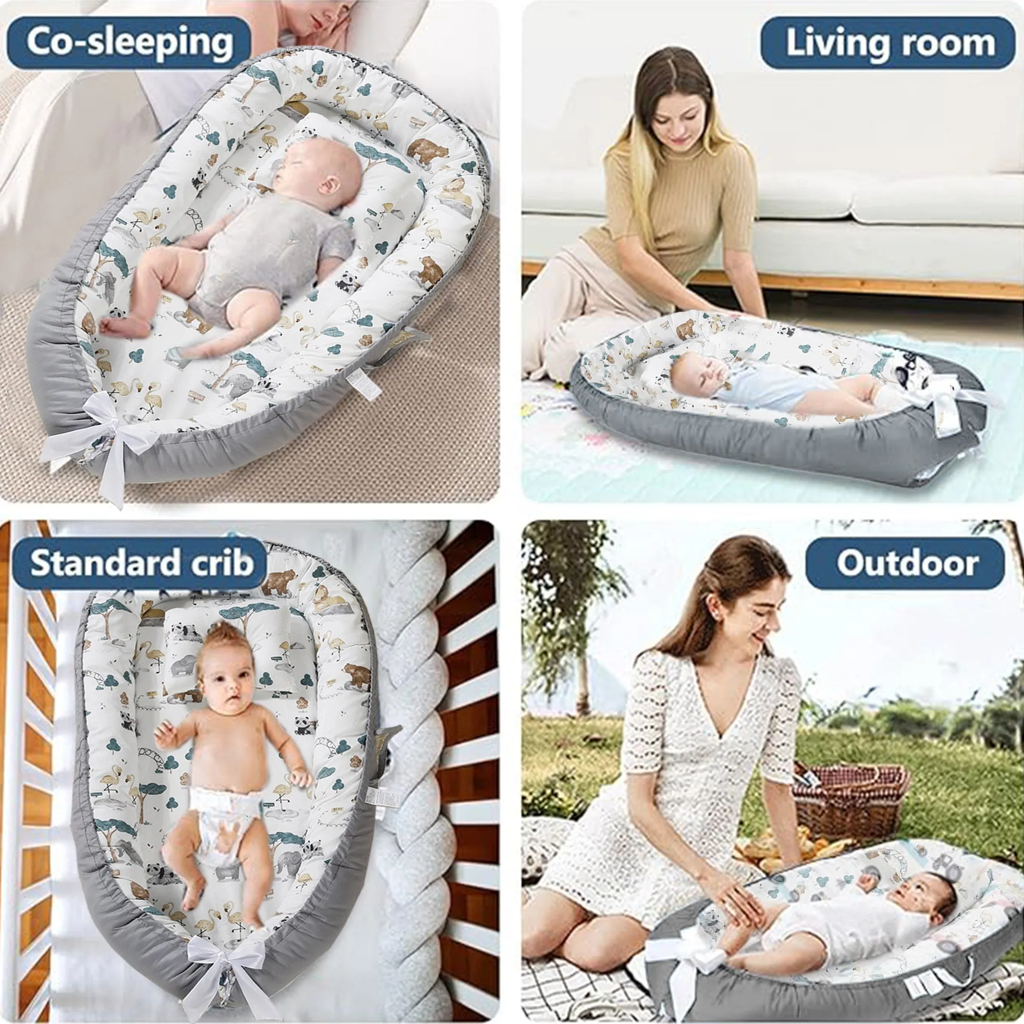 Babymoon Baby Nest Bed with Pillow | Adjustable, Portable, Reversible, Foldable | Cotton Baby Mattress Sleeping Bed | Grey Animal