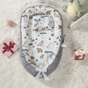 Babymoon Baby Nest Bed with Pillow | Adjustable, Portable, Reversible, Foldable | Cotton Baby Mattress Sleeping Bed | Grey Animal