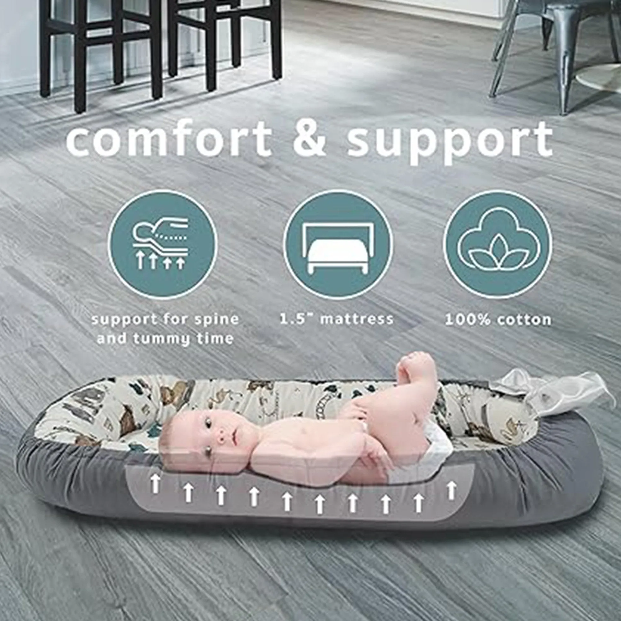 Babymoon Baby Nest Bed with Pillow | Adjustable, Portable, Reversible, Foldable | Cotton Baby Mattress Sleeping Bed | Grey Animal