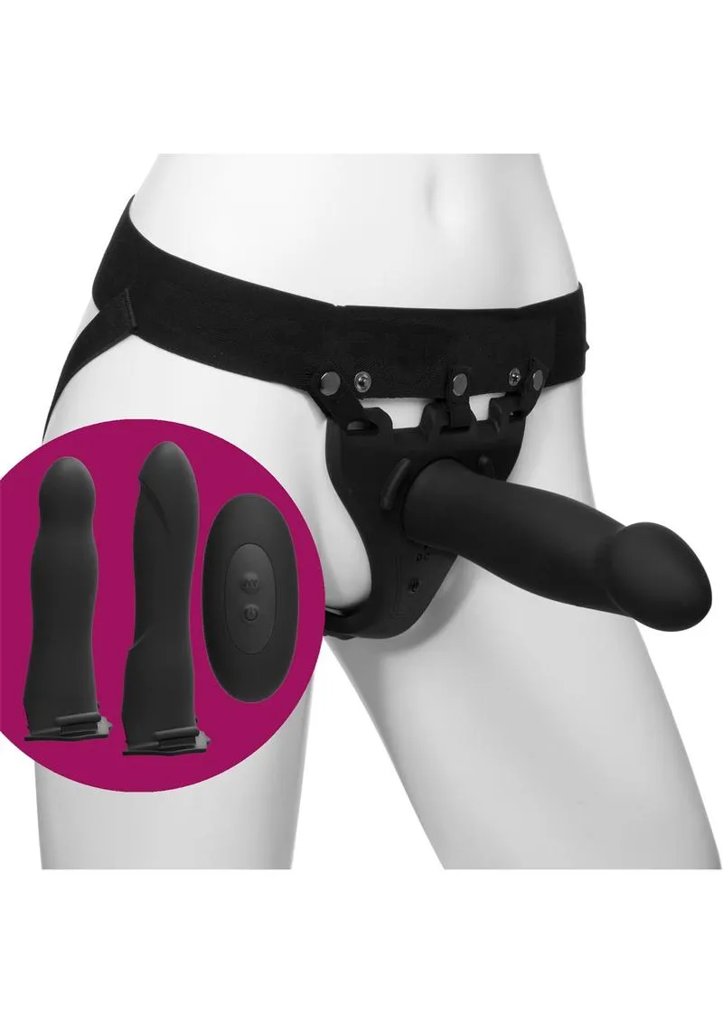 Body Extensions Be Naughty Silicone Strap-On Rechargeable Vibrating Harness with 2 Hollow Dildos and Remote