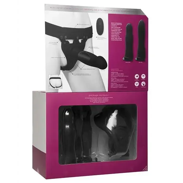 Body Extensions Be Naughty Vibrating 4 Piece Strap On Set - Black