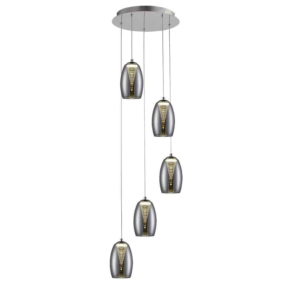 Brilliant 5 Light 25W Metropolis LED Pendant Light - Chrome & Smoked Glass | G60773/93