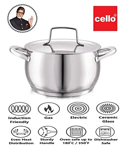 Cello Stainless Steel Handi Casserole with Lid, Impact Bonded Tri Ply Bottom (16 cm - 2.2 L)