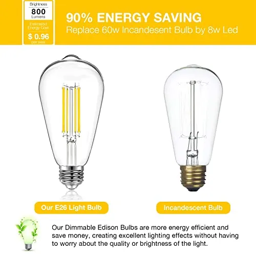 DAYBETTER 4 Pack Vintage LED Edison Bulbs, E26 Led Bulb 60W Equivalent, Dimmable Led Light Bulbs, High Brightness 800 LM Warm White 2700K, ST58 Antique LED Filament Bulbs, Clear Glass Style for Home