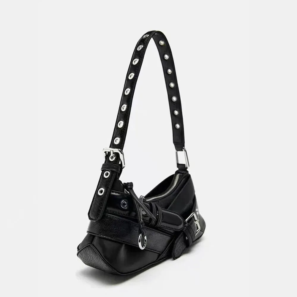 Goth Women Leather Rivet Black Skeleton Chain School Fashion Punk PU Y2K Backpack Bag