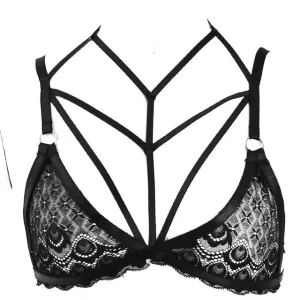 'Greta' Black Goth Lace Harness Bra