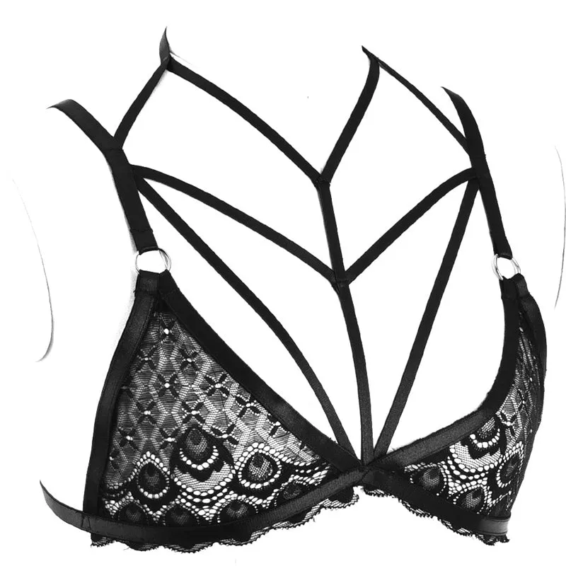 'Greta' Black Goth Lace Harness Bra