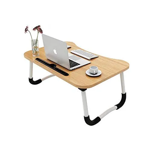 HIMAN FRENJNI Smart Multi-Purpose Laptop Table with Dock Stand and Coffee Cup Holder/Study Table/Foldable and Portable/Rounded Edges/Non-Slip Legs/Engineered Wood (Slotted Wood)