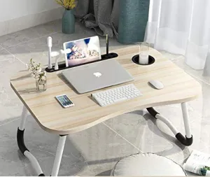 HIMAN FRENJNI Smart Multi-Purpose Laptop Table with Dock Stand and Coffee Cup Holder/Study Table/Foldable and Portable/Rounded Edges/Non-Slip Legs/Engineered Wood (Slotted Wood)