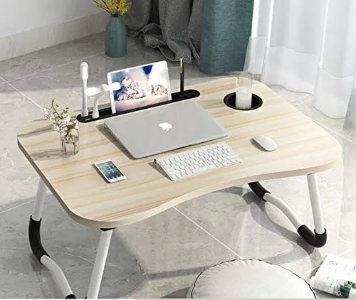 HIMAN FRENJNI Smart Multi-Purpose Laptop Table with Dock Stand and Coffee Cup Holder/Study Table/Foldable and Portable/Rounded Edges/Non-Slip Legs/Engineered Wood (Slotted Wood)