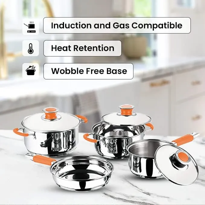 Kuber Industries Set of 4 Stainless Steel Cookware Set I Induction Base Cookware I Saucepan (1.4 L), Kadai (2.0 L), Casserole (2.5 L), Frypan (1 L) and 3 Lids I Heavy Gauge Steel (Pack of 3)