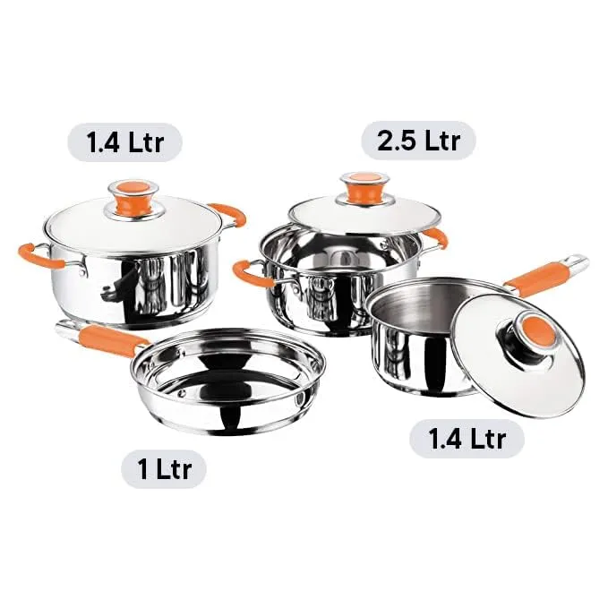 Kuber Industries Set of 4 Stainless Steel Cookware Set I Induction Base Cookware I Saucepan (1.4 L), Kadai (2.0 L), Casserole (2.5 L), Frypan (1 L) and 3 Lids I Heavy Gauge Steel (Pack of 3)