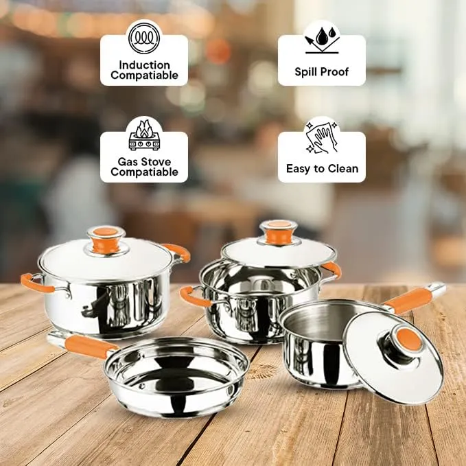 Kuber Industries Set of 4 Stainless Steel Cookware Set I Induction Base Cookware I Saucepan (1.4 L), Kadai (2.0 L), Casserole (2.5 L), Frypan (1 L) and 3 Lids I Heavy Gauge Steel (Pack of 3)