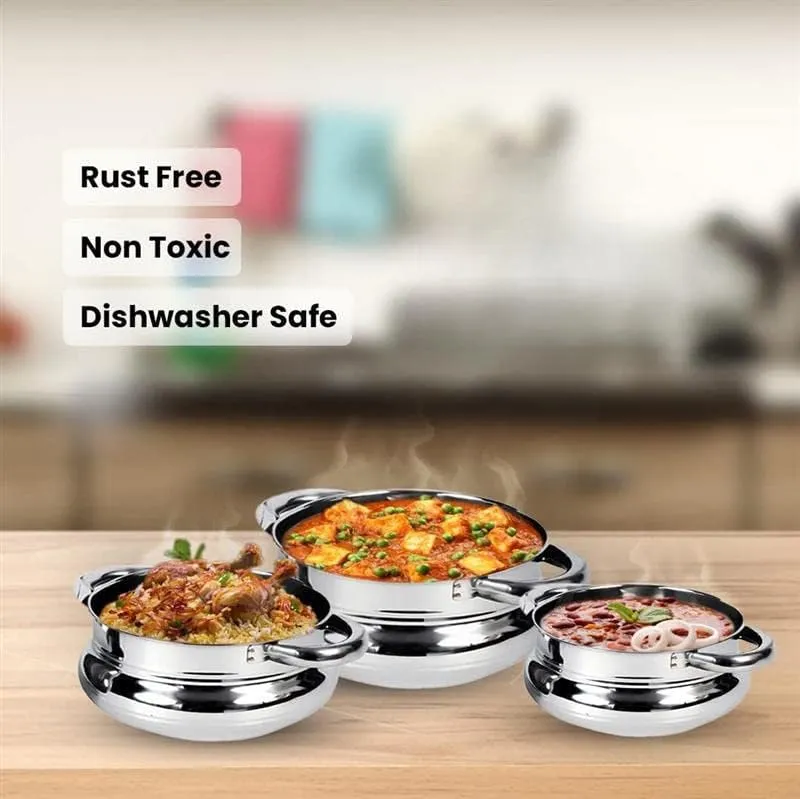 Kuber Industries Stainless Steel Handi Casserole Set of 3 with Lid|Cook and Serve|600 ml, 1 Litre, 1.6 Litre Capacity|Biryani Handi, Saucepan, Silver|Patila/Tope for Kitchen Combo of 3 (Pack Of 4)