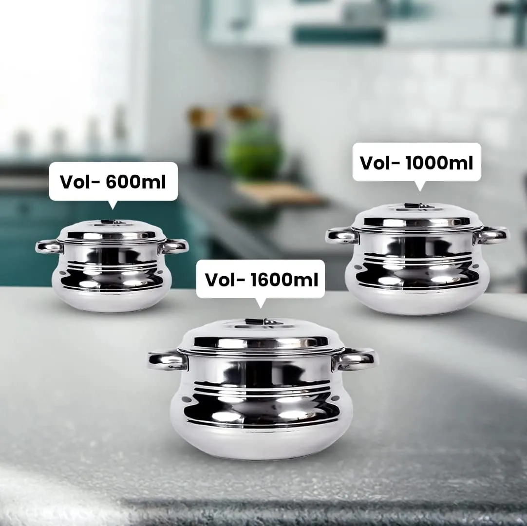 Kuber Industries Stainless Steel Handi Casserole Set of 3 with Lid|Cook and Serve|600 ml, 1 Litre, 1.6 Litre Capacity|Biryani Handi, Saucepan, Silver|Patila/Tope for Kitchen Combo of 3 (Pack Of 4)