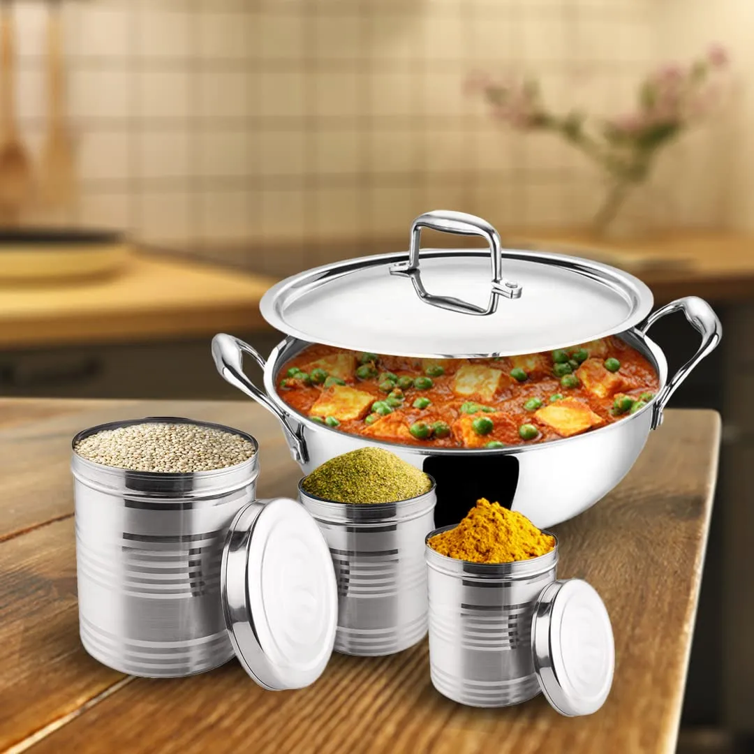 Kuber Industries Stainless Steel Kadhai with lid & Set of 3 Stainless Steel Kitchen Containers Set I Tri-ply Kadai Induction Base I Kadai 2.2 litres & 3 Assorted Storage Canisters