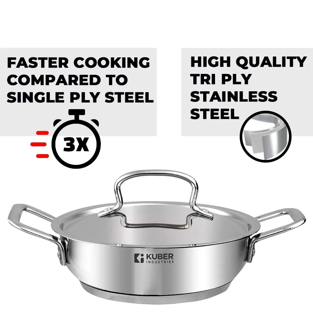 Kuber Industries Tri-ply Stainless Steel Kadhai with lid I Induction Base I 1.6 litres Capacity I 20cm Diameter I Extra Deep Frying Pan I Riveted Handles