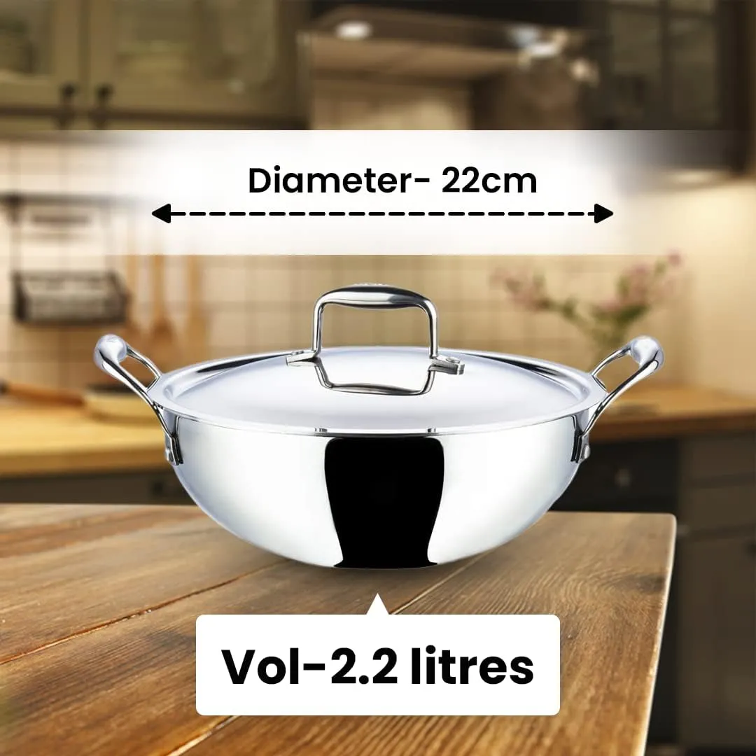 Kuber Industries Tri-ply Stainless Steel Kadhai with lid I Induction Base I 2.2 litres Capacity I 22cm Diameter I Extra Deep Frying Pan I Riveted Handles (Pack of 4)