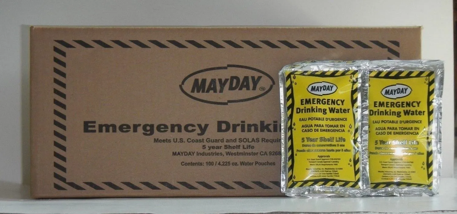 Mayday Pouch Water, Coast Guard Emergency Water, 5-Year Shelf LIfe, Disaster Preparedness Supplies for, Earthquake, Fire, Flood, Leak-Proof Pouches, 4.225 Oz/125Ml 100 Pack