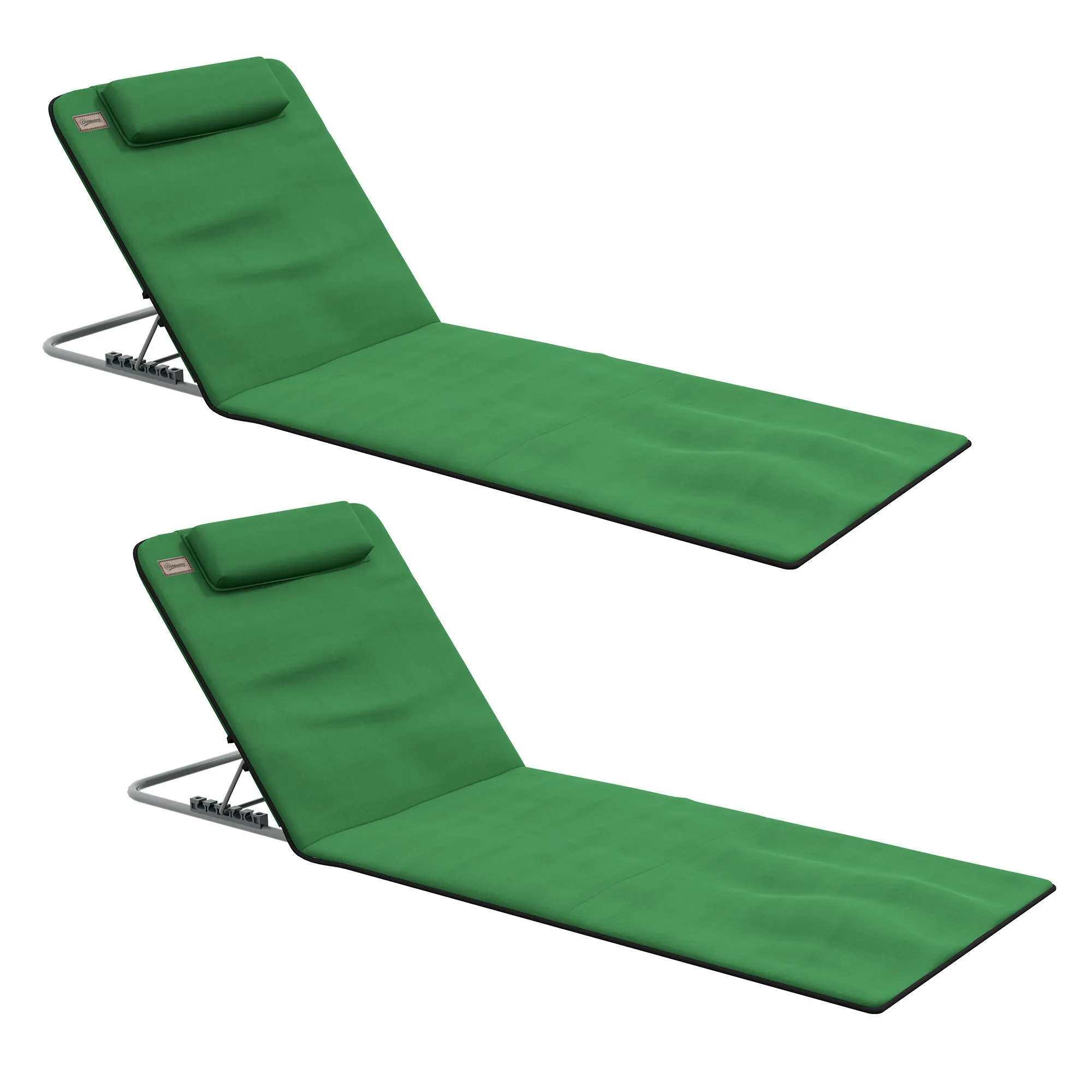 Metal Frame PE Fabric 2 Pieces Outdoor Beach Reclining Chair Set w/ Pillow Green