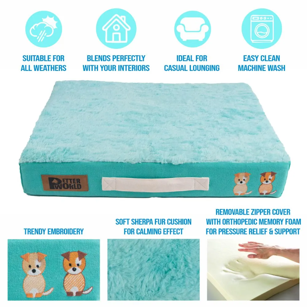 Petter World Micro Fur Orthopedic Mattress Bed with Memory Foam Base for Dogs (Turquoise)