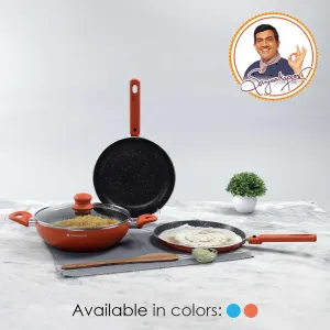 Power Non-Stick Cookware 4 pc Set | Kadhai with Glass Lid 2.6L, Dosa Tawa 25cm, Fry Pan 24cm | Induction Bottom | Soft Touch Handles | Pure Grade Aluminium | PFOA Free | 2 Year Warranty | Orange