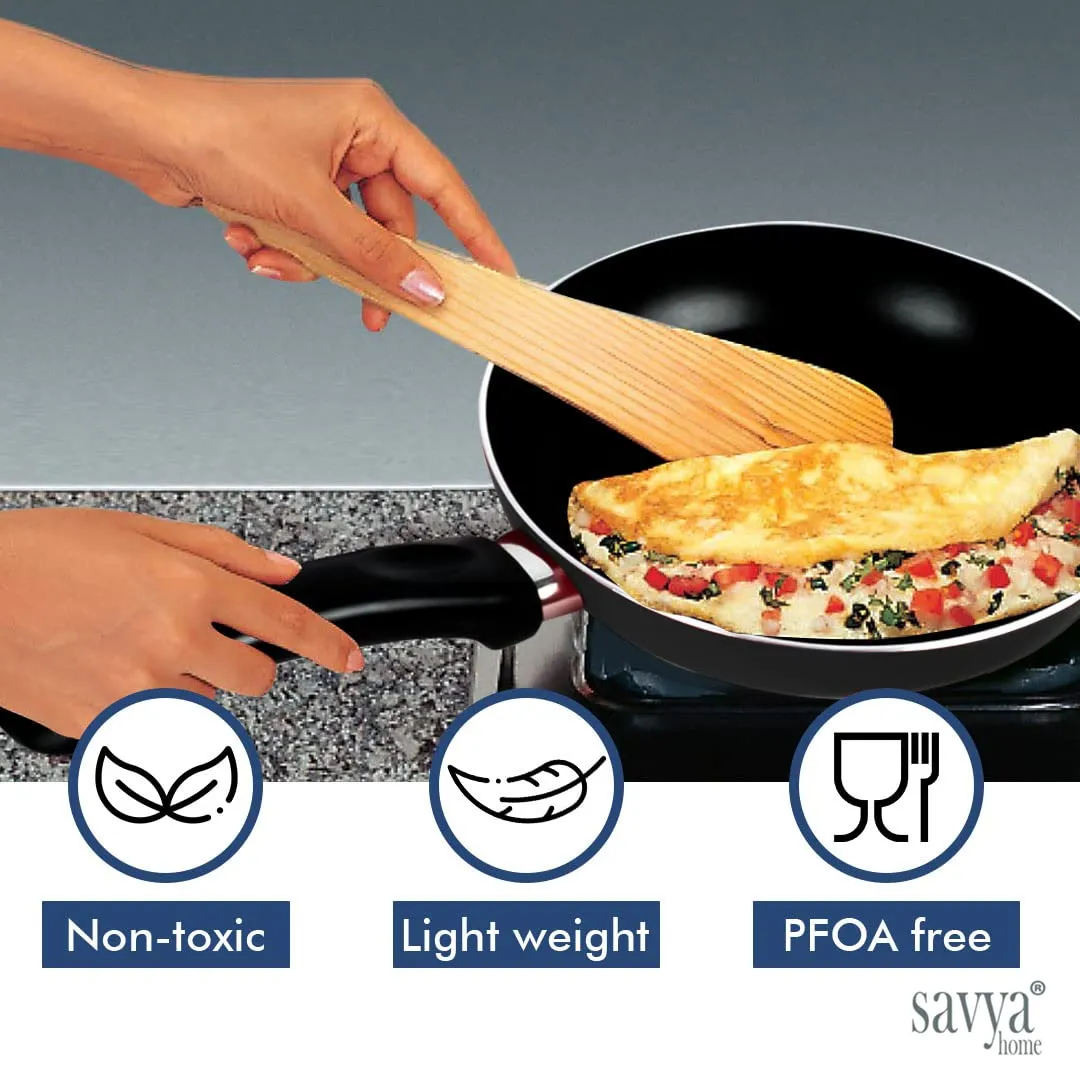 SAVYA HOME Non Stick Frying Pan | 26 cm | Stove & Induction Cookware | Minimal Oil Cooking | Easy Grip Handle | 3 Layer Non Stick Coating | Non-Toxic & Lightweight | 2 Year Warranty| Black Colour