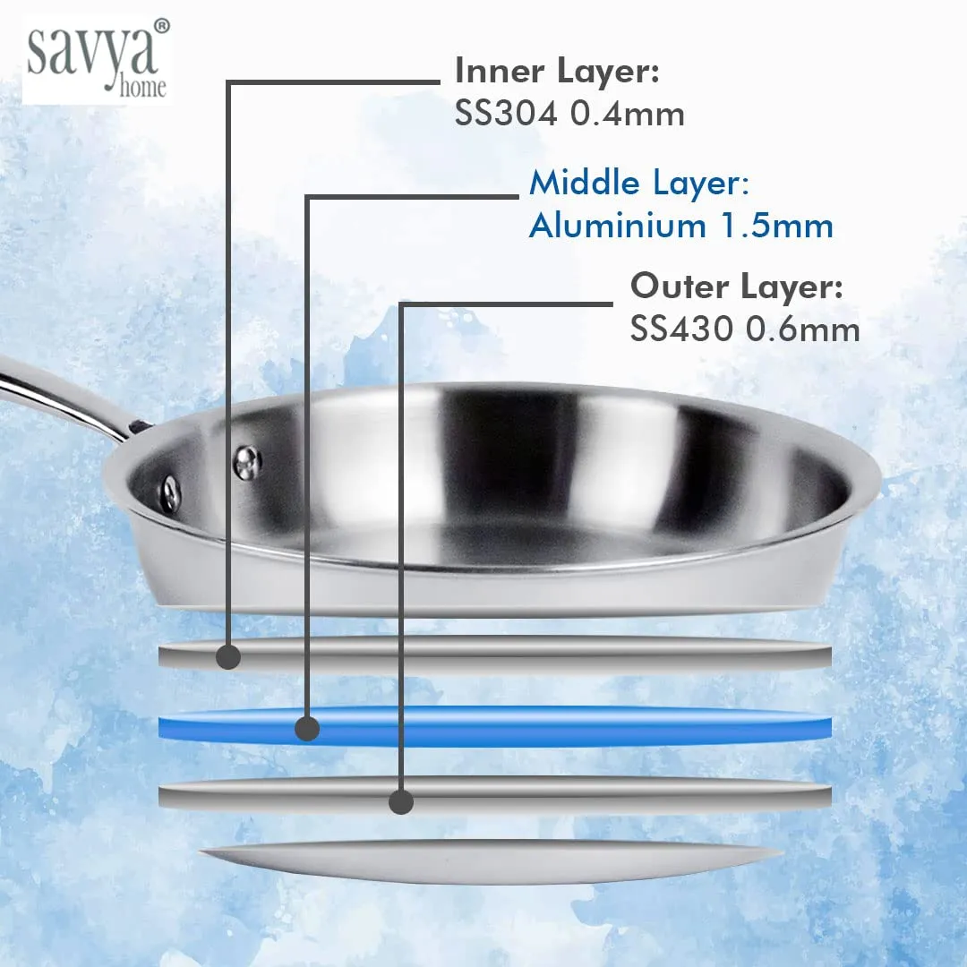 SAVYA HOME Triply Stainless Steel Frying Pan | 20 cm | 1.2 L | Stove & Induction Cookware | Heat Surround Cooking | Easy Grip Handles | Stainless Steel Fry Pan