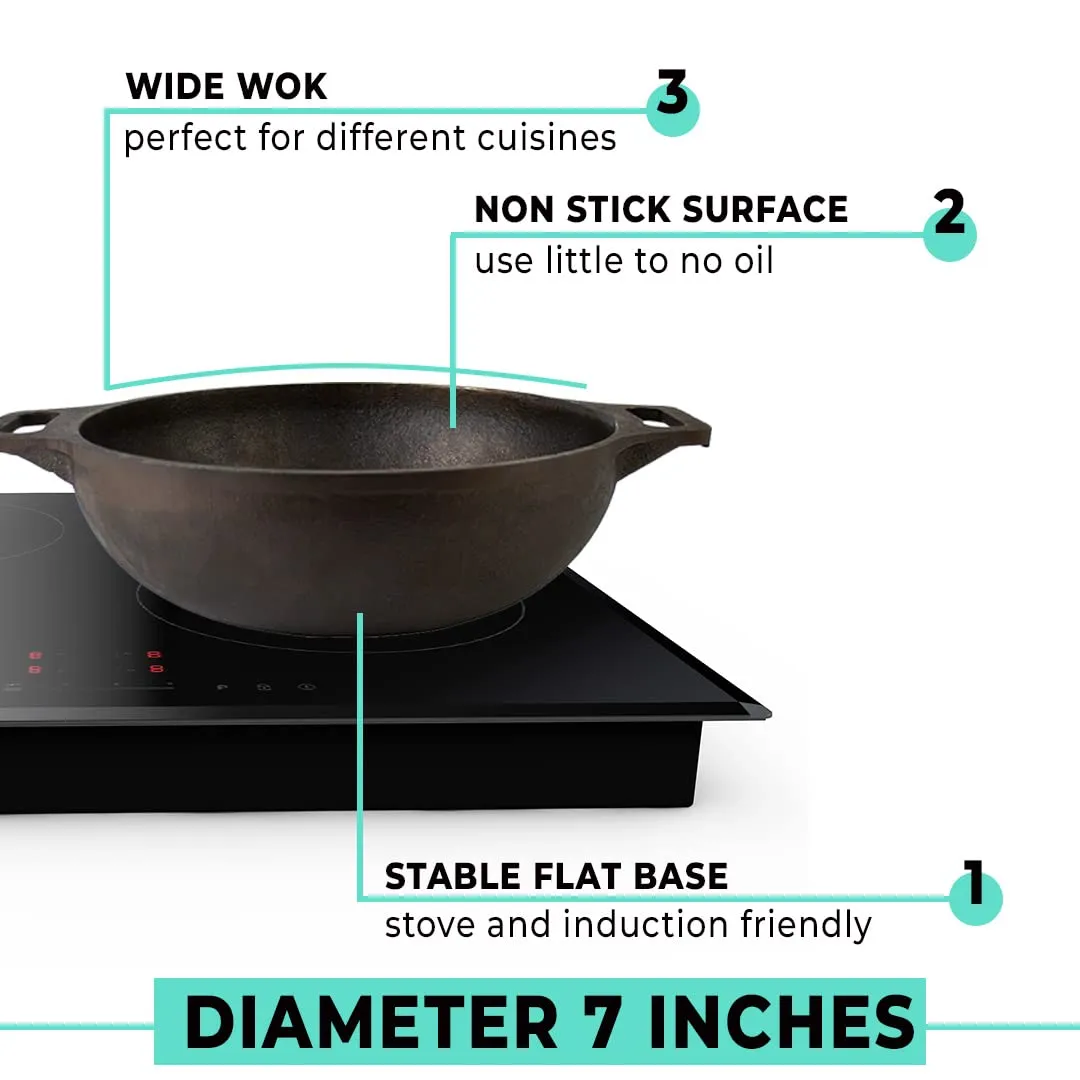 The Better Home Pre Seasoned Cast Iron Kadai | Induction Base & Non Stick Kadai for Cooking | Durable & Sturdy Cast Iron Cookware | Non Stick Loha Kadhai | Cast Iron Kadai & Wok Pan (7 inch) (Black)