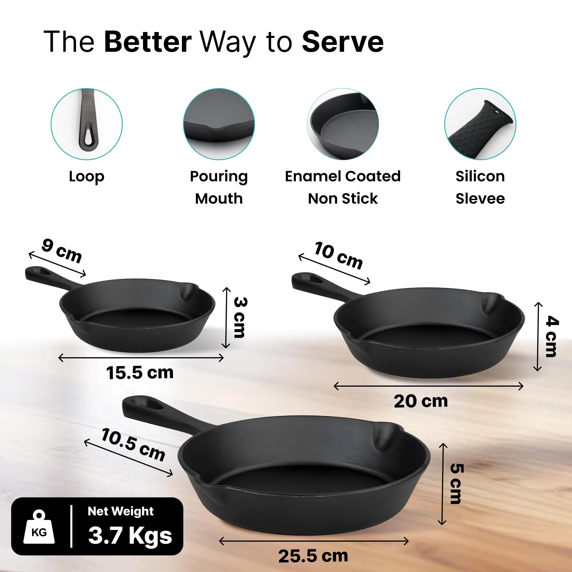 UMAI Cast Iron Cookware (3Pcs - 6inch, 8inch, 10inch) | Non Stick Pan with Silicon Sleeve | Enamel Coated Rust Proof Frying Pan | Gas Stove & Induction Pan | Cast Iron Fry Pan/Skillet | Cookware Set