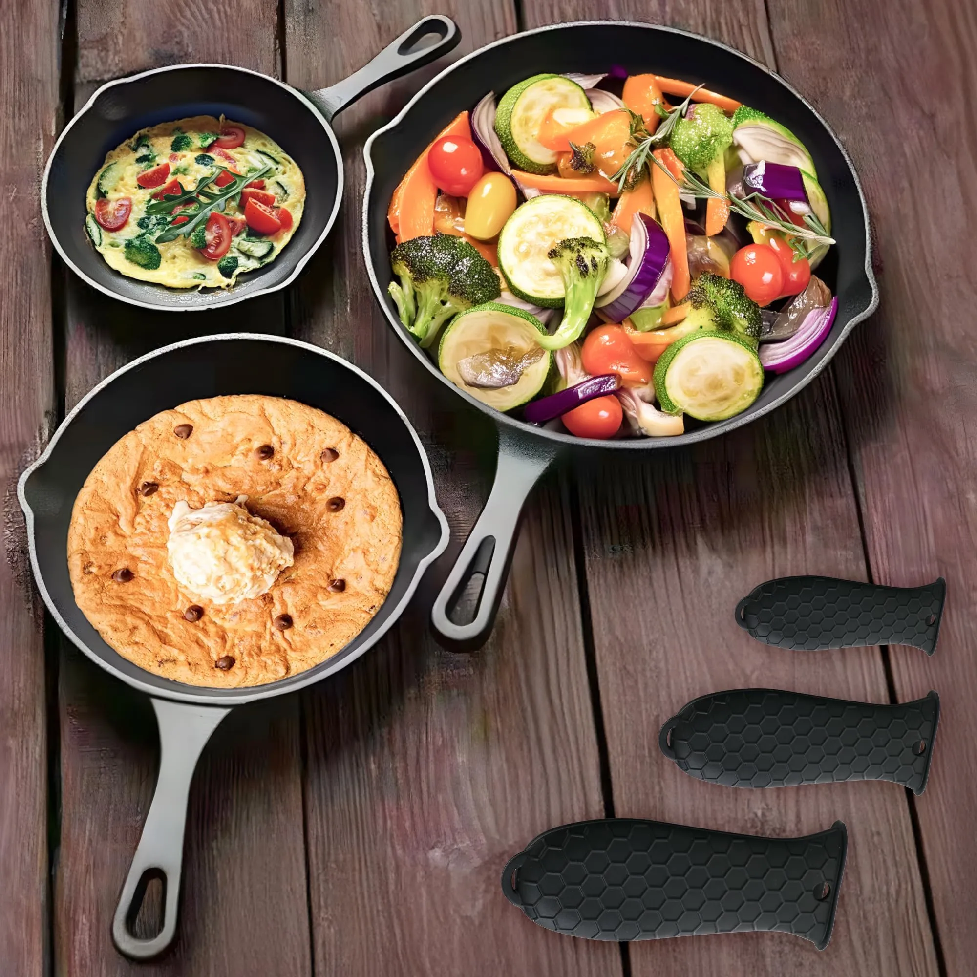 UMAI Cast Iron Cookware (3Pcs - 6inch, 8inch, 10inch) | Non Stick Pan with Silicon Sleeve | Enamel Coated Rust Proof Frying Pan | Gas Stove & Induction Pan | Cast Iron Fry Pan/Skillet | Cookware Set