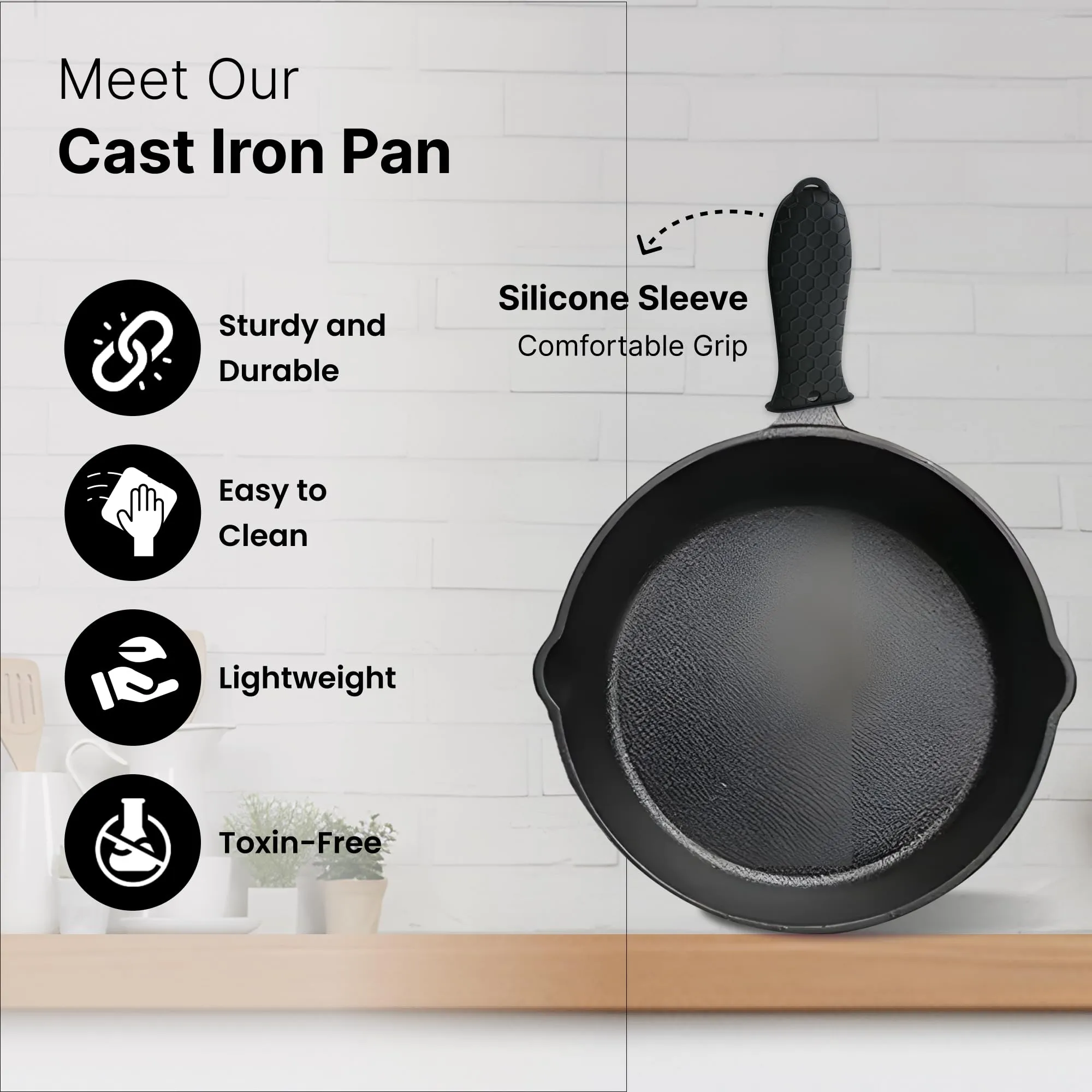 UMAI Cast Iron Cookware (3Pcs - 6inch, 8inch, 10inch) | Non Stick Pan with Silicon Sleeve | Enamel Coated Rust Proof Frying Pan | Gas Stove & Induction Pan | Cast Iron Fry Pan/Skillet | Cookware Set