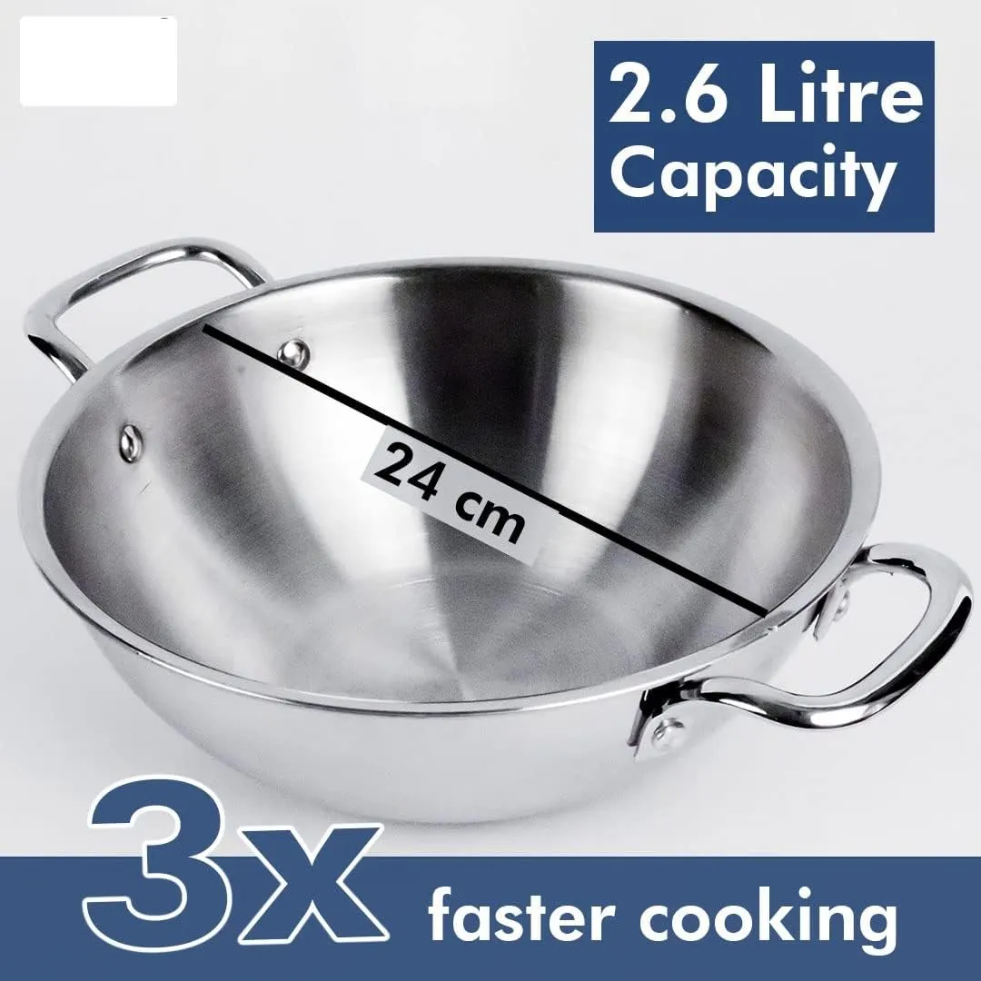 UMAI X Savya Home Triply Stainless Steel Kadai with Lid | 26 cm Diameter | 3.6 L Capacity | Stove & Induction Cookware | Heat Surround Cooking | Triply Stainless Steel cookware with lid (24cm - 2.6L)