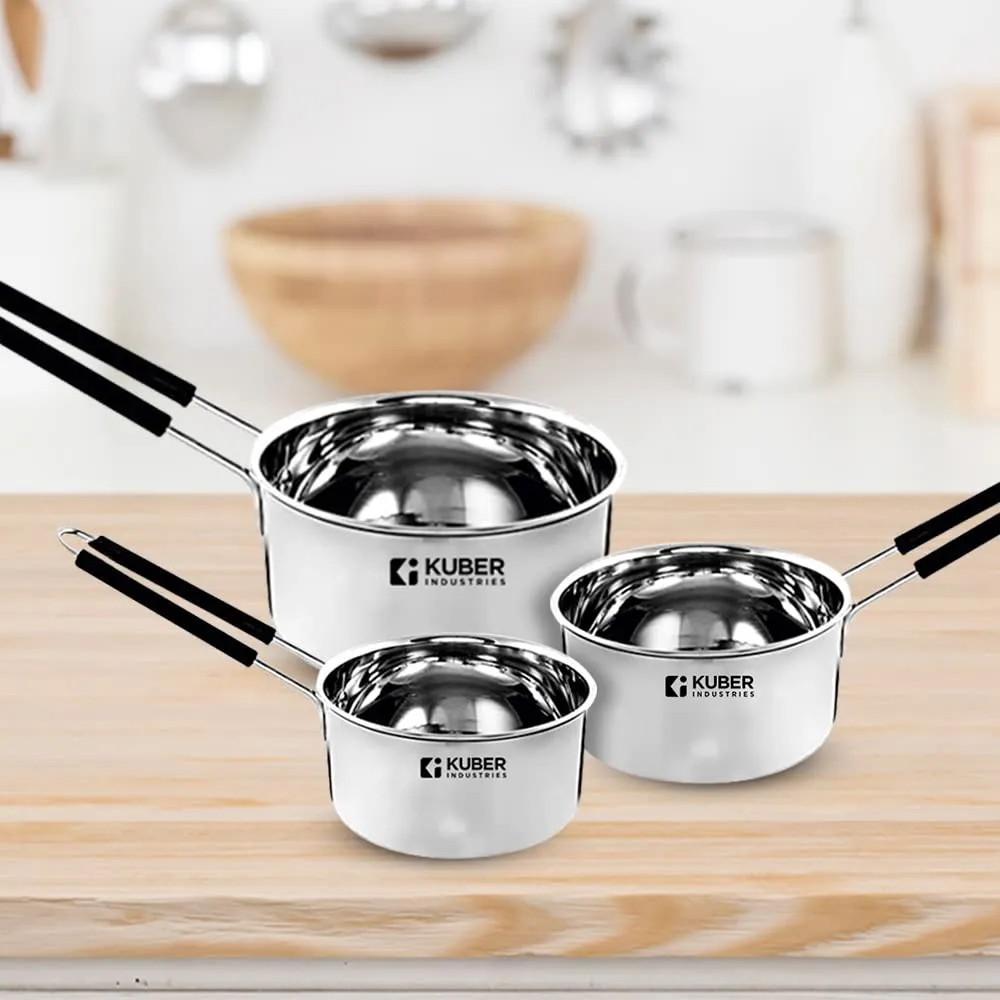 Urbane Home Set of 3 Stainless Steel Saucepan/Tea Pan I 1.1 L, 1.5 L, 2.2 L Capacity I Silicon Handle I Thick Base for Boiling Milk & Tea I Heavy Duty Gauge I Tapeli Patila, Sauce Pot Cookware