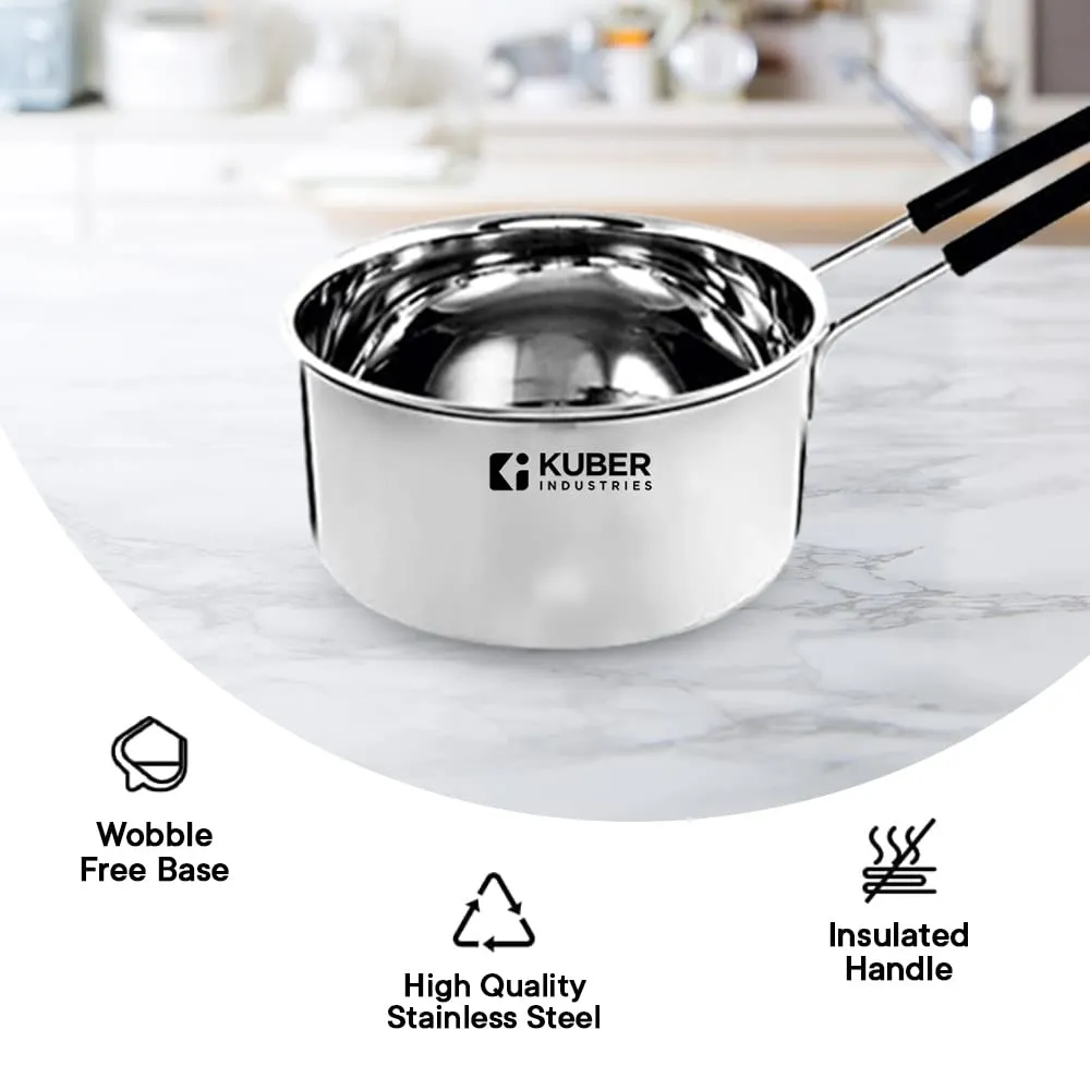 Urbane Home Set of 3 Stainless Steel Saucepan/Tea Pan I 1.1 L, 1.5 L, 2.2 L Capacity I Silicon Handle I Thick Base for Boiling Milk & Tea I Heavy Duty Gauge I Tapeli Patila, Sauce Pot Cookware