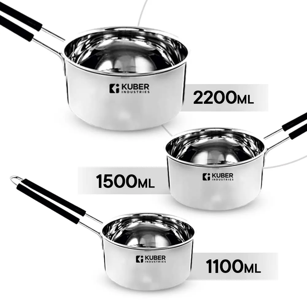 Urbane Home Set of 3 Stainless Steel Saucepan/Tea Pan I 1.1 L, 1.5 L, 2.2 L Capacity I Silicon Handle I Thick Base for Boiling Milk & Tea I Heavy Duty Gauge I Tapeli Patila, Sauce Pot Cookware