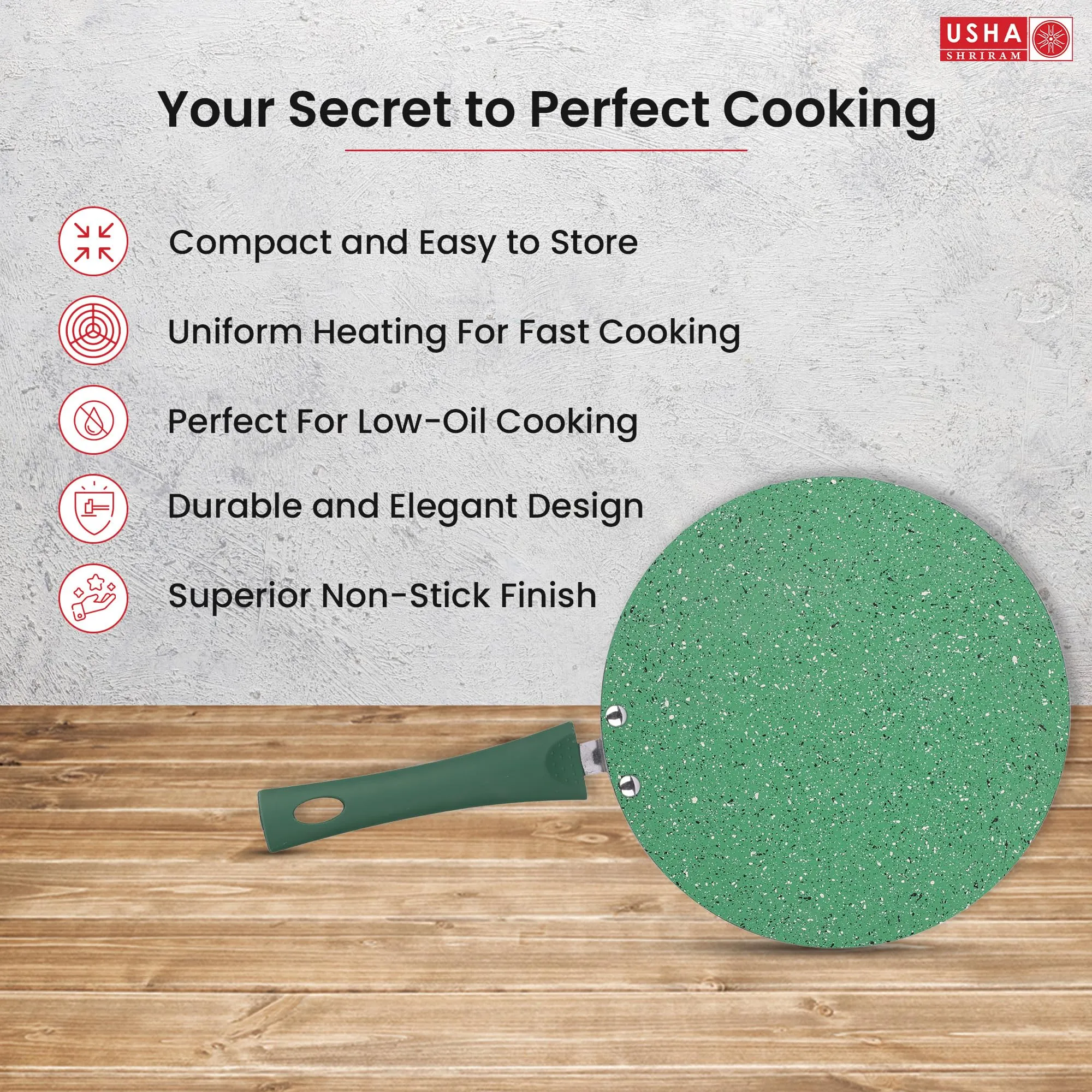 USHA SHRIRAM (24cm Emerald Non Stick Roti Tawa with Riveted Handle | High Grade Aluminium | Scratch Resistant Surface | Nonstick Roti Dosa Tawa | Non Stick Saute Pan | (Green)