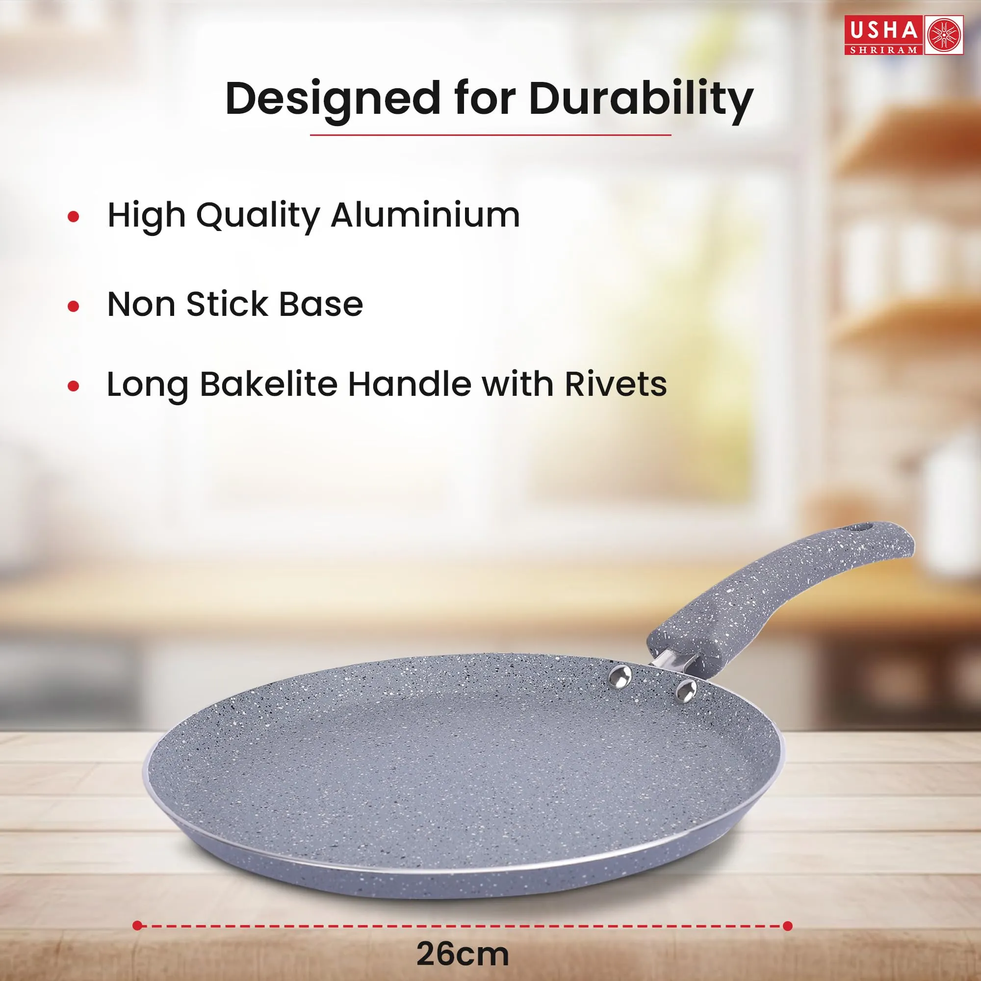 USHA SHRIRAM (26cm Lunar Haze Non Stick Roti Tawa with Riveted Handle | Flat Tawa Non Stick | High Grade Aluminium | Scratch Resistant Surface | Nonstick Roti Dosa Tawa | Non Stick Pan (Grey)