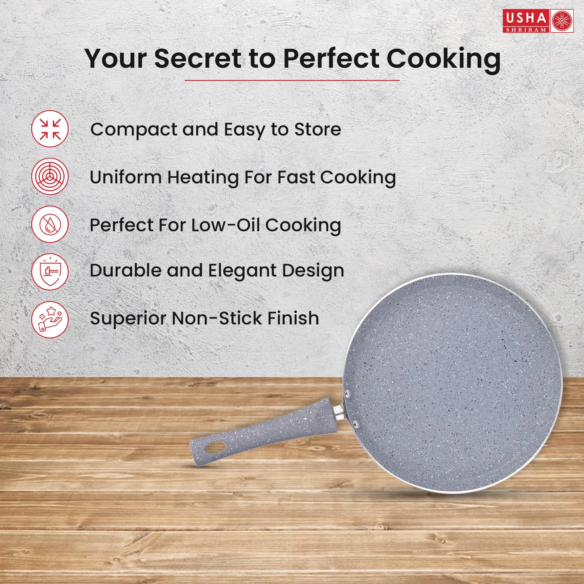 USHA SHRIRAM (26cm Lunar Haze Non Stick Roti Tawa with Riveted Handle | Flat Tawa Non Stick | High Grade Aluminium | Scratch Resistant Surface | Nonstick Roti Dosa Tawa | Non Stick Pan (Grey)