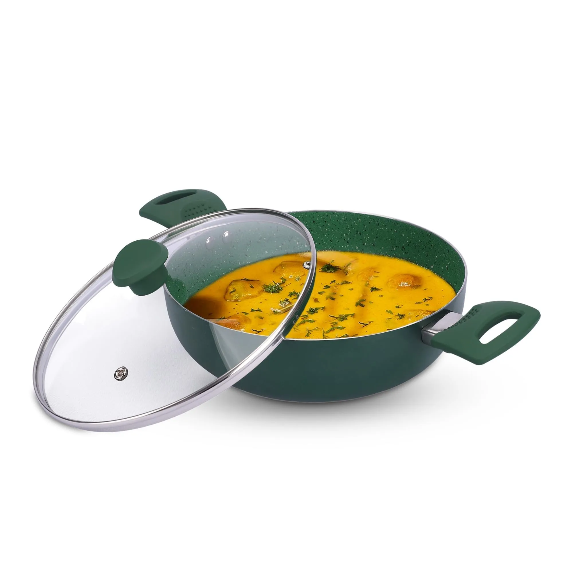 USHA SHRIRAM (3.6L Emerald Non Stick Kadai with Lid | 26 cm | 3.6 L Capacity | Gas Cookware | Non Stick Cookware | Aluminium Kadai with Lid | Deep Base Kadai | Deep Fry Kadai