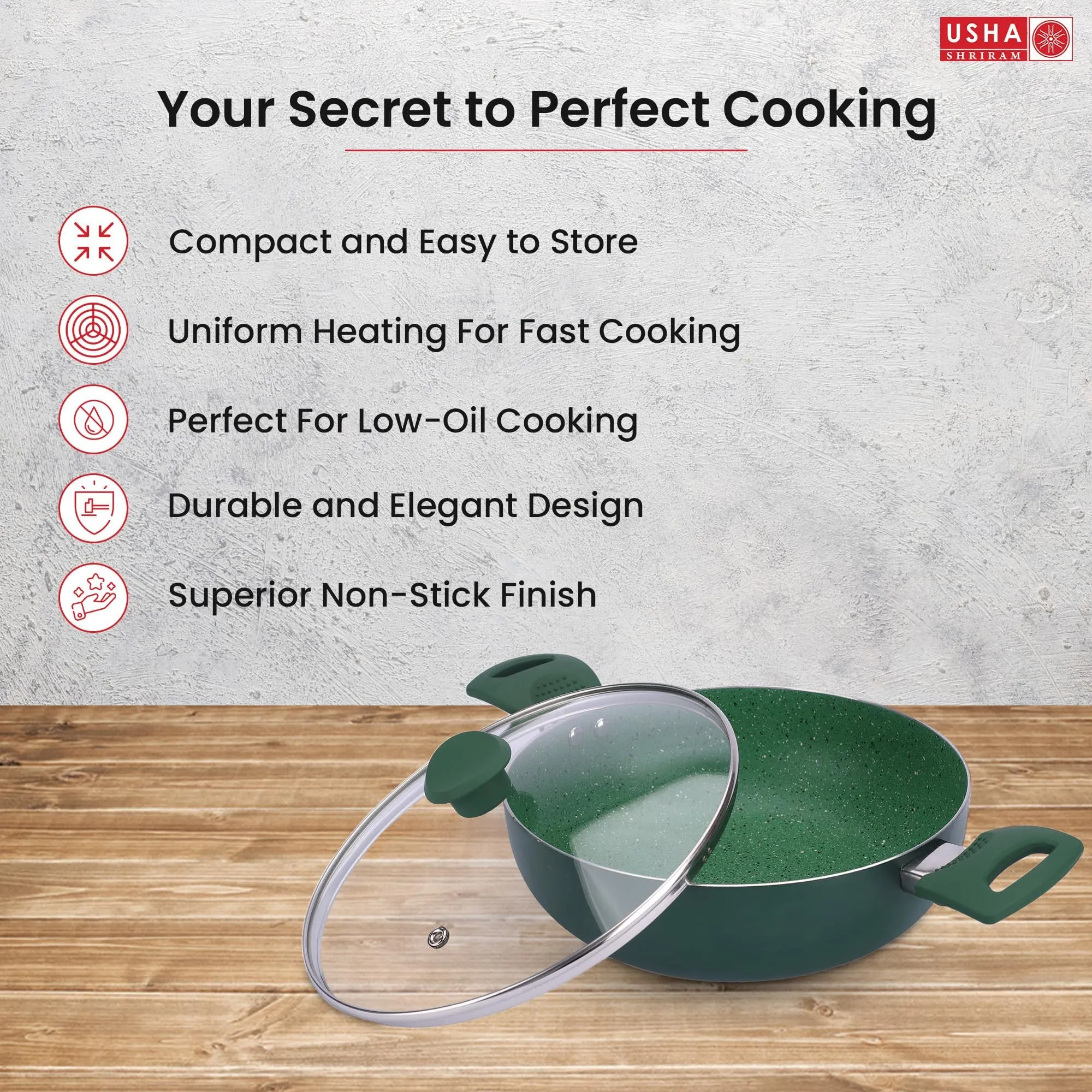 USHA SHRIRAM (3.6L Emerald Non Stick Kadai with Lid | 26 cm | 3.6 L Capacity | Gas Cookware | Non Stick Cookware | Aluminium Kadai with Lid | Deep Base Kadai | Deep Fry Kadai