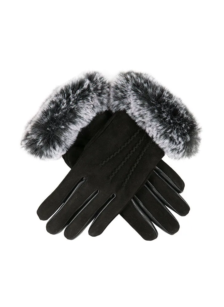 Women’s Water-Resistant Three-Point Faux Fur-Lined Nubuck Leather Gloves with Faux Fur Cuffs